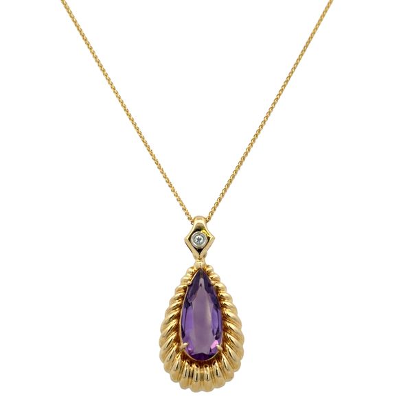 14k Yellow Gold Pear-Shaped Amethyst & Diamond Teardrop Pendant Necklace – 18