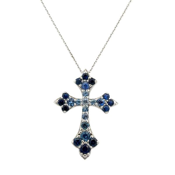 14k White Gold Blue Sapphire Cross Pendant Necklace – Adjustable 18