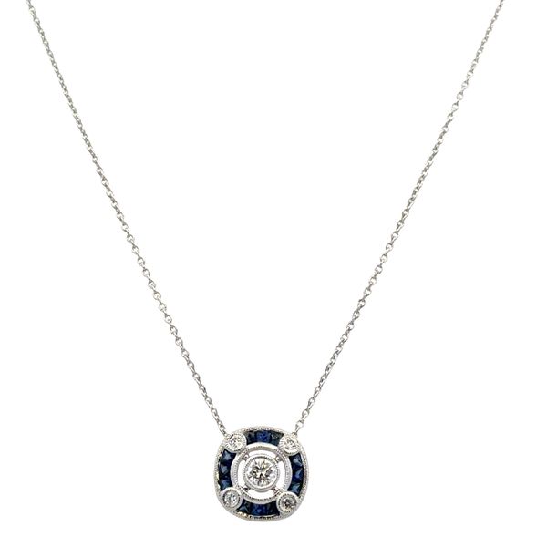 14k White Gold Art Deco-Inspired Sapphire & Diamond Pendant Necklace – Adjustable 18