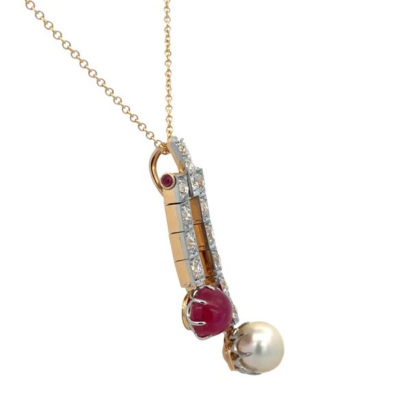 Antique Edwardian Platinum Topped 18k Yellow Gold Ruby, Diamond & Akoya Pearl Negligee Pendant Necklace – Circa 1910s Image 2 Perry's Diamonds & Estate Jewelry Charlotte, NC