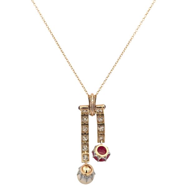 Antique Edwardian Platinum Topped 18k Yellow Gold Ruby, Diamond & Akoya Pearl Negligee Pendant Necklace – Circa 1910s Image 3 Perry's Diamonds & Estate Jewelry Charlotte, NC