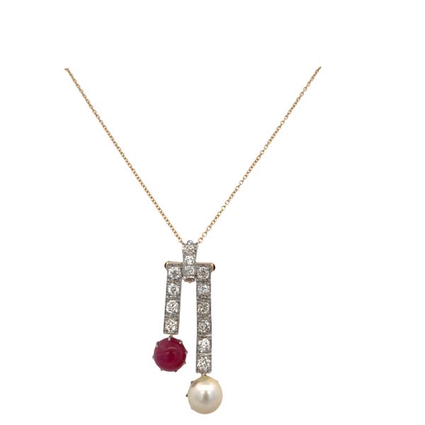 Antique Edwardian Platinum Topped 18k Yellow Gold Ruby, Diamond & Akoya Pearl Negligee Pendant Necklace – Circa 1910s Image 4 Perry's Diamonds & Estate Jewelry Charlotte, NC