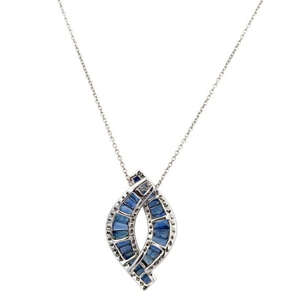 14k White Gold Sapphire & Diamond Twisting Navette Pendant Necklace – 16