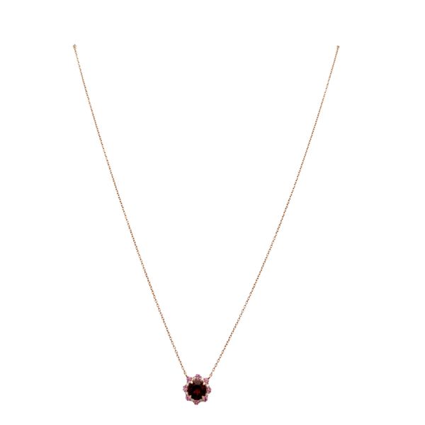 14k Rose Gold Garnet, Pink Sapphire & Diamond Halo Necklace – Adjustable 18