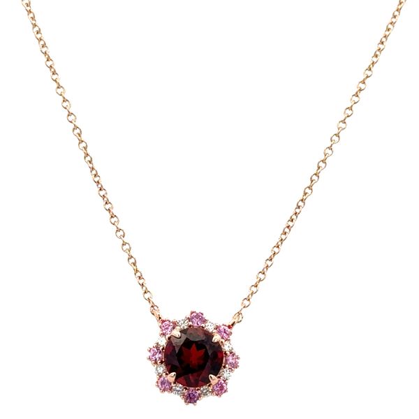 14k Rose Gold Garnet, Pink Sapphire & Diamond Halo Necklace – Adjustable 18