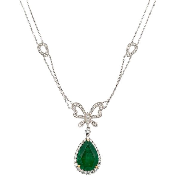 Festive 14k White Gold Emerald & Diamond Bow Necklace – 18
