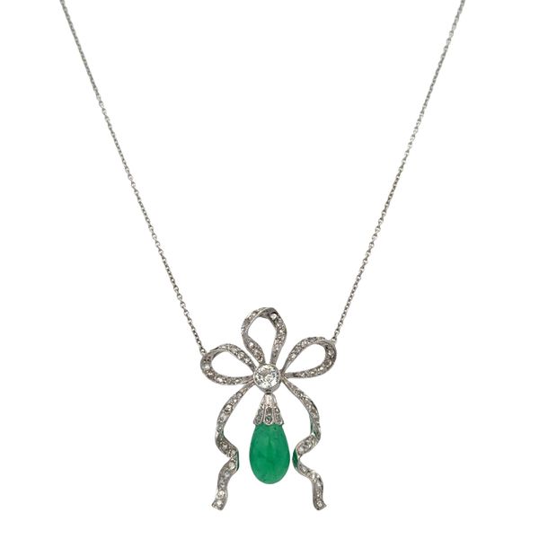 Antique Edwardian Platinum Emerald & Diamond Bow Necklace – 18.75