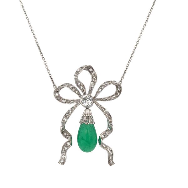 Antique Edwardian Platinum Emerald & Diamond Bow Necklace – 18.75