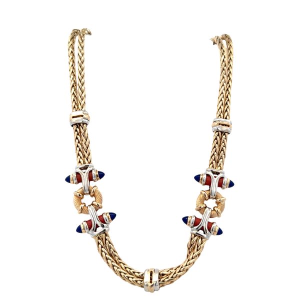 14k Yellow Gold Lapis & Coral Double Strand Foxtail Statement Necklace – 17
