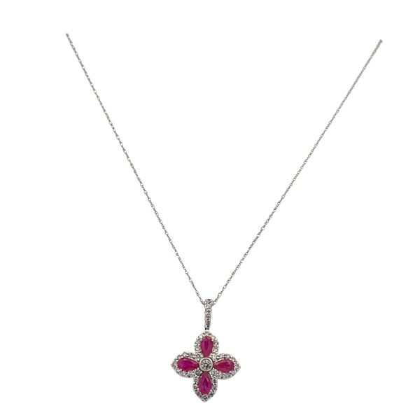14k White Gold Ruby & Diamond Quatrefoil Pendant Necklace – 18
