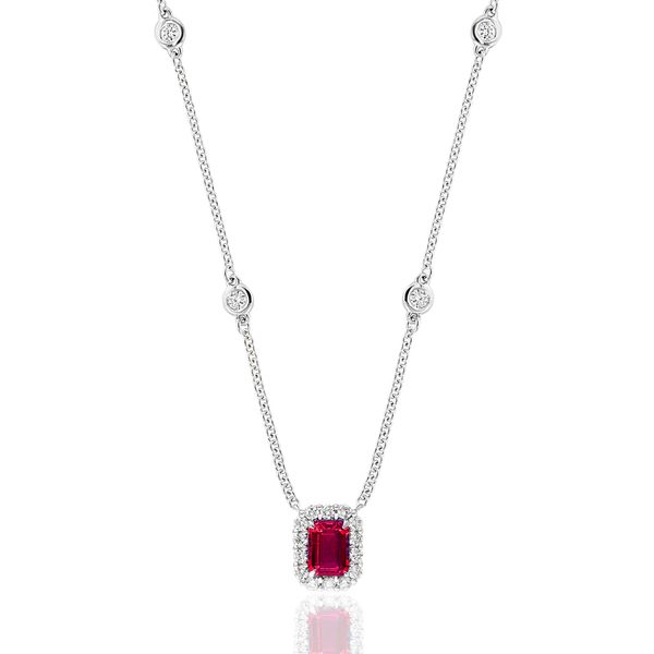 18k White Gold Ruby & Diamond Halo Necklace – 18