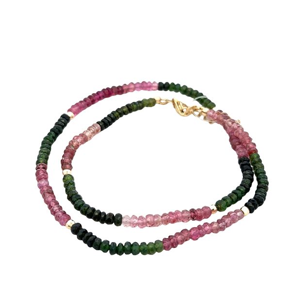 18k Yellow Gold Pink & Green Tourmaline Beaded Necklace – Adjustable 16