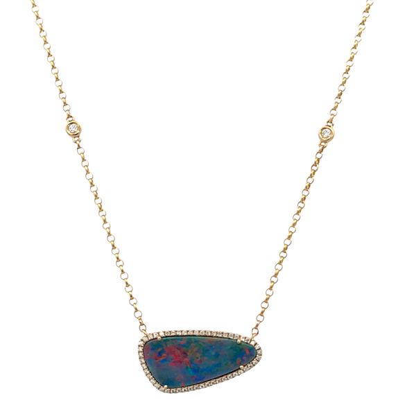 14k Yellow Gold Asymmetrical Opal & Diamond Halo Necklace – Adjustable 16–18