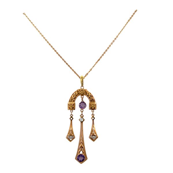 Antique Victorian 14k Rose & Green Gold Amethyst, Seed Pearl & Diamond Lavalier Pendant Necklace Image 3 Perry's Diamonds & Estate Jewelry Charlotte, NC