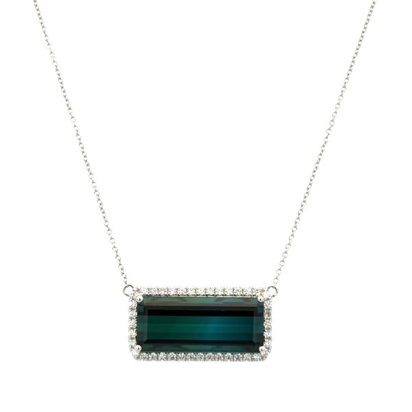 18k White Gold 10.59 CT Blue-Green Tourmaline & Diamond Halo Necklace – 18