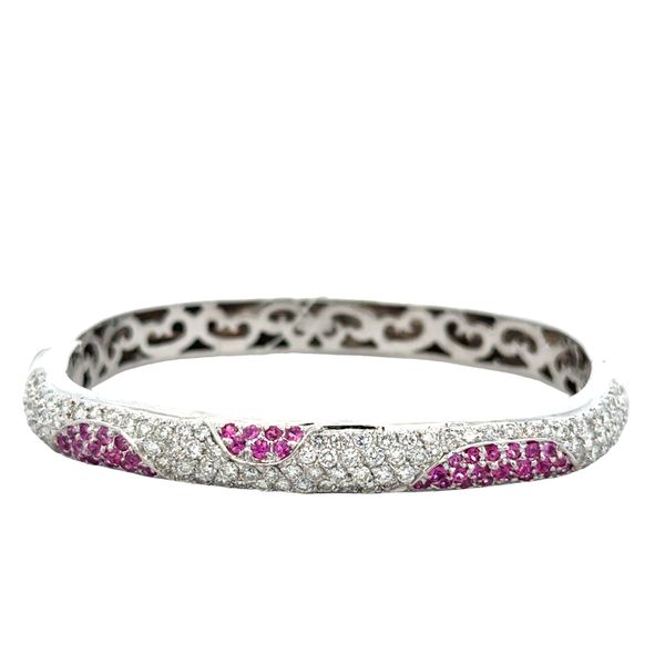 Estate 18k White Gold Pink Sapphire & Diamond Bangle – Fits 6