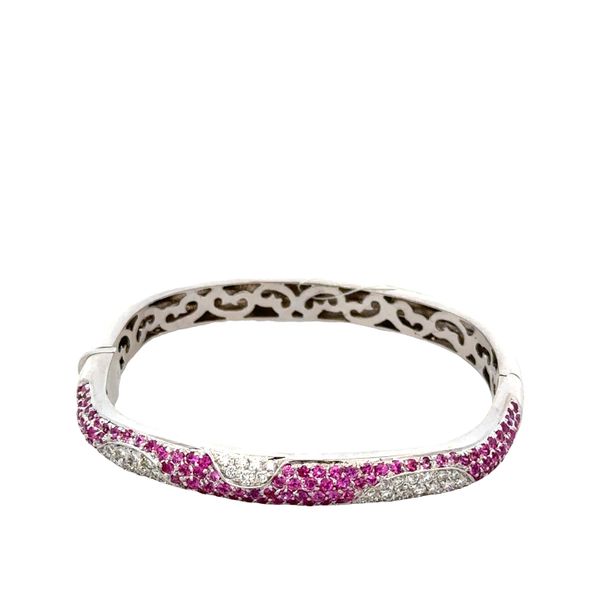 Estate 18k White Gold Pink Sapphire & Diamond Swirl Bangle – Fits 6