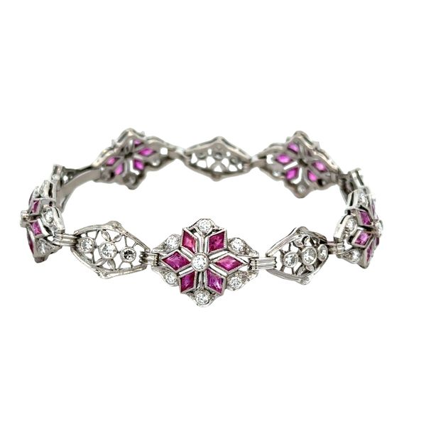 Antique Art Deco 14k White Gold Ruby & Diamond Snowflake Bracelet – Circa 1920s Image 2 Perry's Diamonds & Estate Jewelry Charlotte, NC