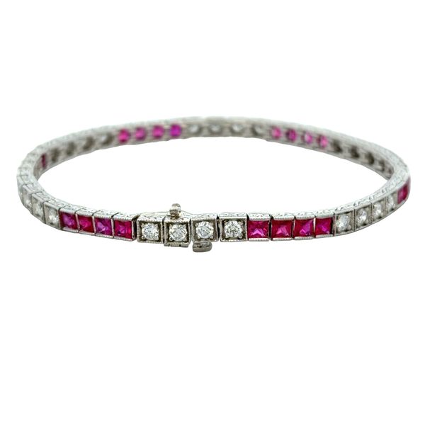 14k White Gold Art Deco-Inspired Ruby & Diamond Bracelet – 7