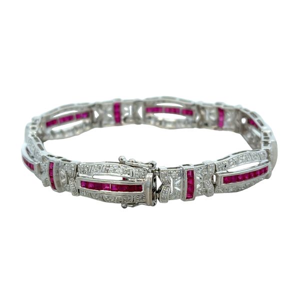 14k White Gold Art Deco-Inspired Ruby & Diamond Openwork Bracelet – 7