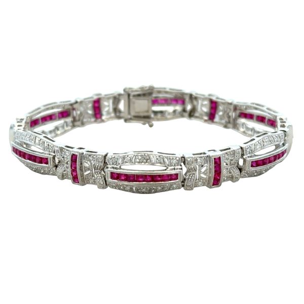 14k White Gold Art Deco-Inspired Ruby & Diamond Openwork Bracelet – 7