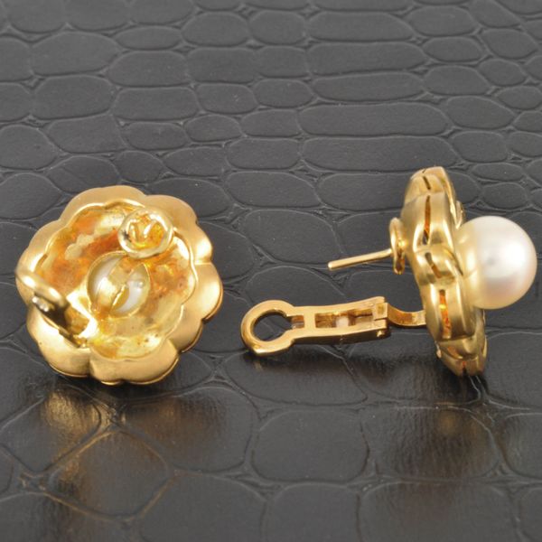 9.2 MM Akoya Pearl Flower Earrings in 18K Yellow Gold Image 2 Perry's Diamonds & Estate Jewelry Charlotte, NC