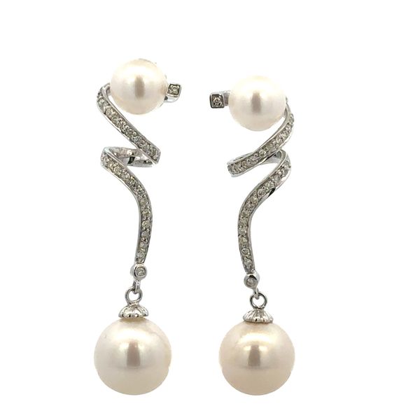 14k White Gold Tahitian Pearl & Diamond Swirl Drop Earrings Perry's Diamonds & Estate Jewelry Charlotte, NC