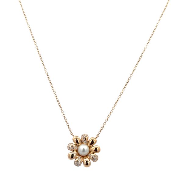 14k Yellow Gold Akoya Pearl & Diamond Flower Necklace – Adjustable 18