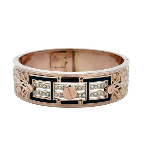 French Antique 18k Rose Gold Seed Pearl and Black Enamel Bracelet Perry's Diamonds & Estate Jewelry Charlotte, NC
