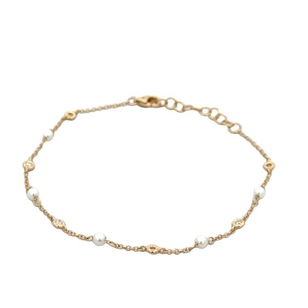 Delicate Pearl and Diamond Station Bracelet in Yellow Gold Perry's Diamonds & Estate Jewelry Charlotte, NC
