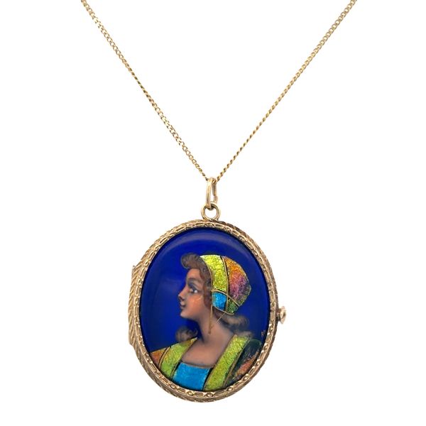 Antique Edwardian French Limoges Enameled Portrait Pendant in Yellow Gold Perry's Diamonds & Estate Jewelry Charlotte, NC