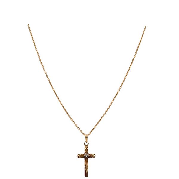 Vintage 14k Yellow & White Gold Diamond Cross Pendant Necklace – 18