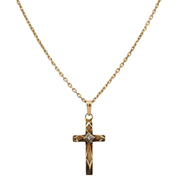 Vintage 14k Yellow & White Gold Diamond Cross Pendant Necklace – 18