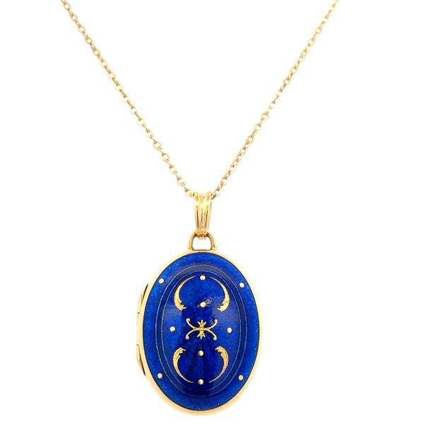 Estate Fabergé 18k Yellow Gold Blue Guilloché Enamel Locket Necklace – 20