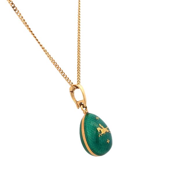 Estate Fabergé 18k Yellow Gold Guilloché Enamel Egg Pendant Necklace – 20