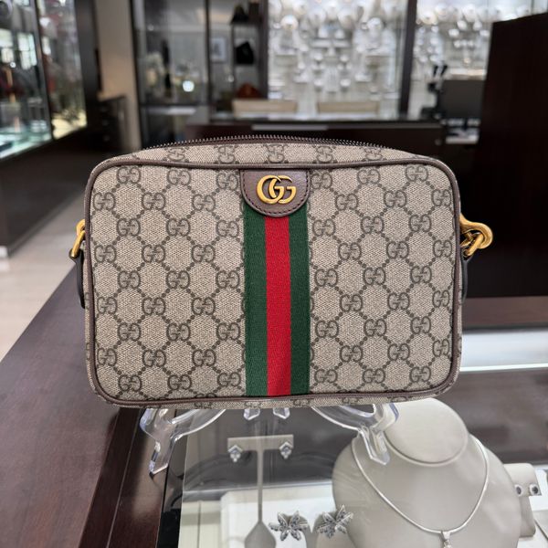 Pre-Owned Gucci Canvas Crossbody Bag with Signature Web Stripe – Circa 2025 Perry's Diamonds & Estate Jewelry Charlotte, NC