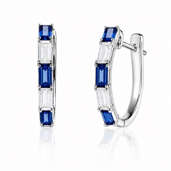 Emerald Cut Blue Sapphire & Diamond Hoop Earrings Peter & Co. Jewelers Avon Lake, OH