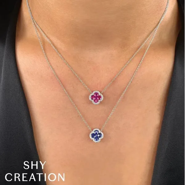 Shy Creation Blue Sapphire Clover Necklace Image 2 Peter & Co. Jewelers Avon Lake, OH
