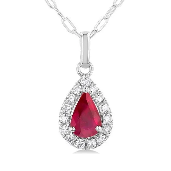 Ruby Pear Diamond Halo Necklace Image 2 Peter & Co. Jewelers Avon Lake, OH