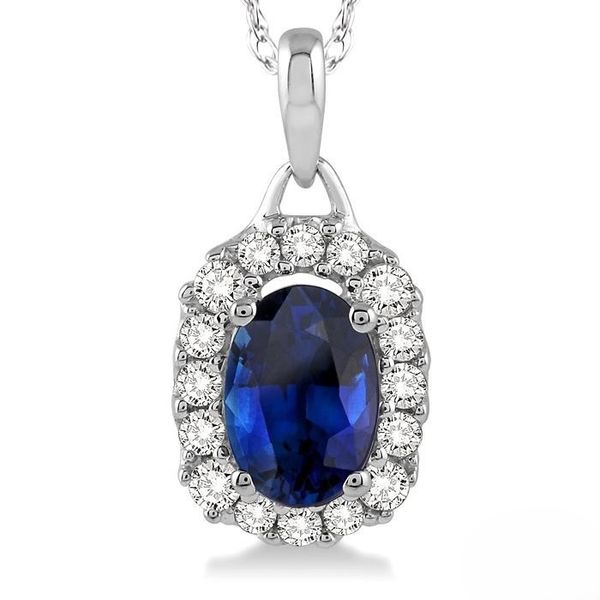 Blue Sapphire and Diamond Halo Necklace Image 2 Peter & Co. Jewelers Avon Lake, OH