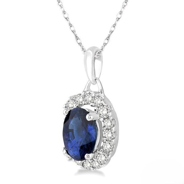 Blue Sapphire and Diamond Halo Necklace Image 3 Peter & Co. Jewelers Avon Lake, OH
