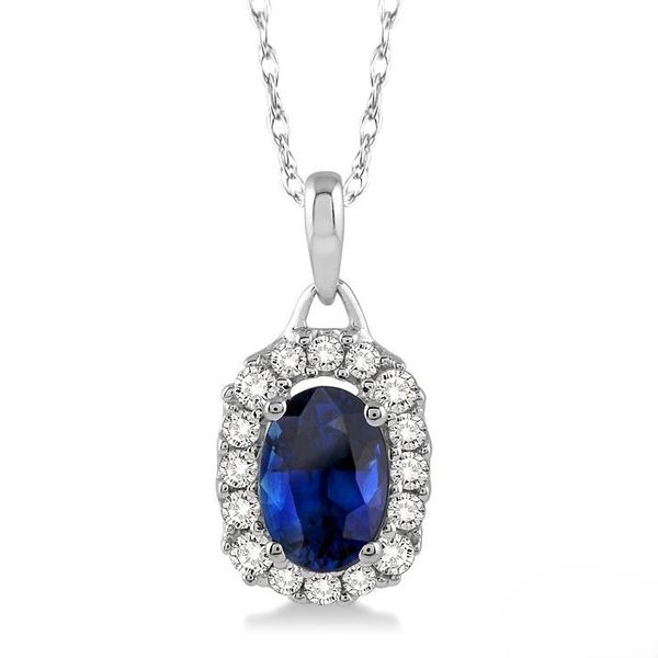 Blue Sapphire and Diamond Halo Necklace Peter & Co. Jewelers Avon Lake, OH