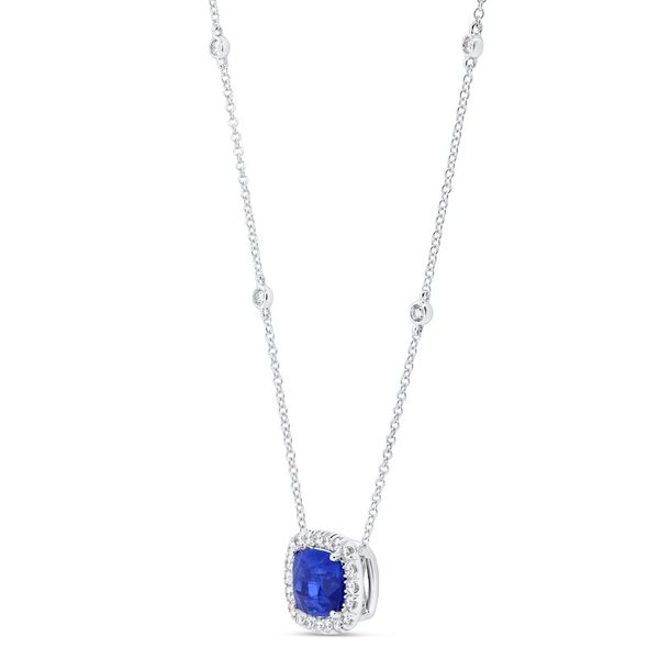 Uneek Precious Collection Halo Cushion Cut Blue Sapphire Necklace Image 2 Peter & Co. Jewelers Avon Lake, OH