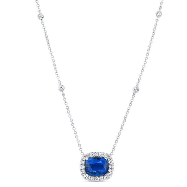 Uneek Precious Collection Halo Cushion Cut Blue Sapphire Necklace Peter & Co. Jewelers Avon Lake, OH