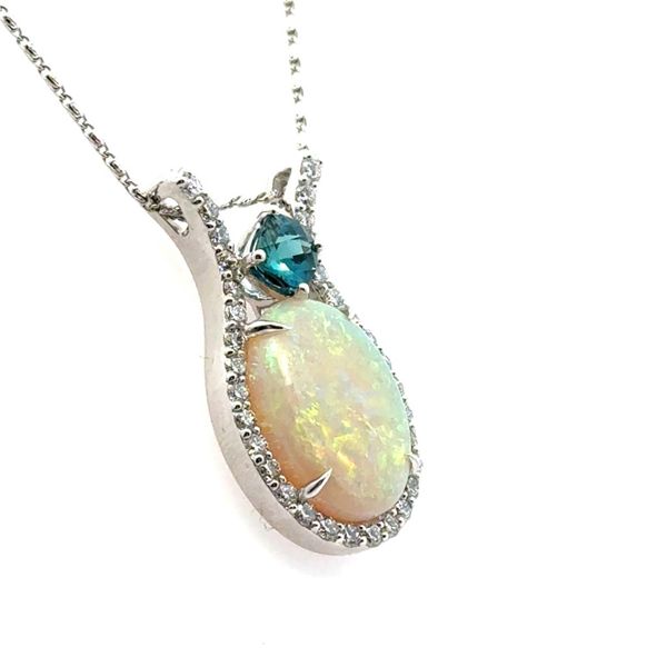 Australian Opal Blue Zircon Diamond Necklace Image 2 Peter & Co. Jewelers Avon Lake, OH