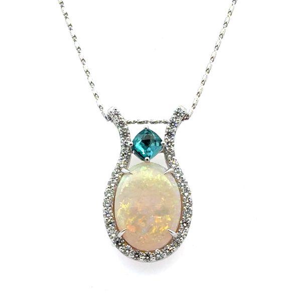 Australian Opal Blue Zircon Diamond Necklace Image 3 Peter & Co. Jewelers Avon Lake, OH