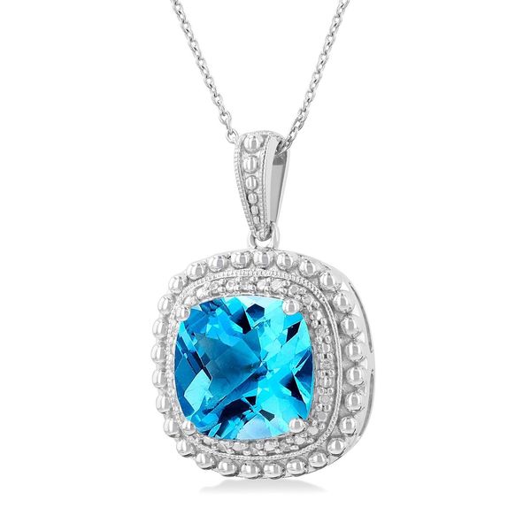 Silver Cushion Blue Topaz & Diamond Necklace Image 2 Peter & Co. Jewelers Avon Lake, OH