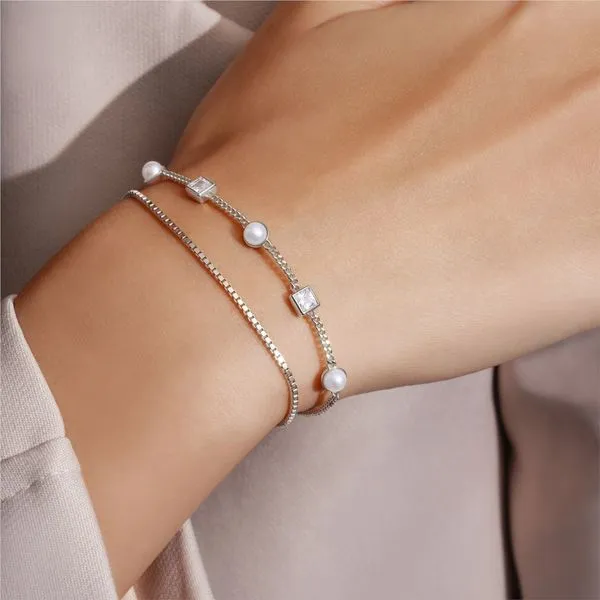 Ania Haie Silver Bezel Set Cube and Pearl Station Bracelet Image 2 Peter & Co. Jewelers Avon Lake, OH