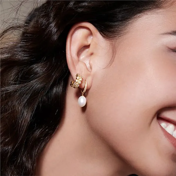 Ania Haie Gold Freshwater Pearl and White Cubic Zirconia Pavé Drop Huggies Image 2 Peter & Co. Jewelers Avon Lake, OH