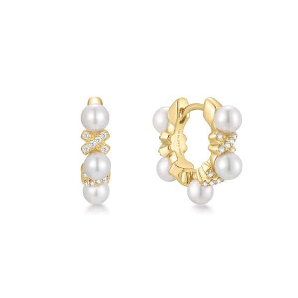 Ania Haie Gold Sparkling Braided Shell Pearl Huggie Hoop Earrings Image 2 Peter & Co. Jewelers Avon Lake, OH